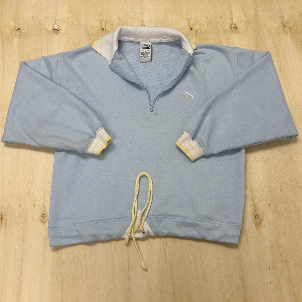 Vintage Puma Sweatshirt Womens Small Blue 1/4 Zip Collared Drawstring Pullover